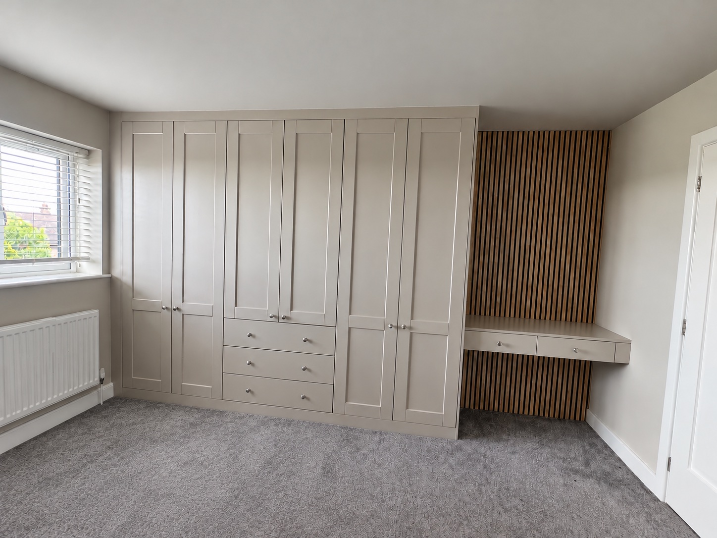 Cashmere Kensington fitted wardrobe with dresser and oak acoustic panelling